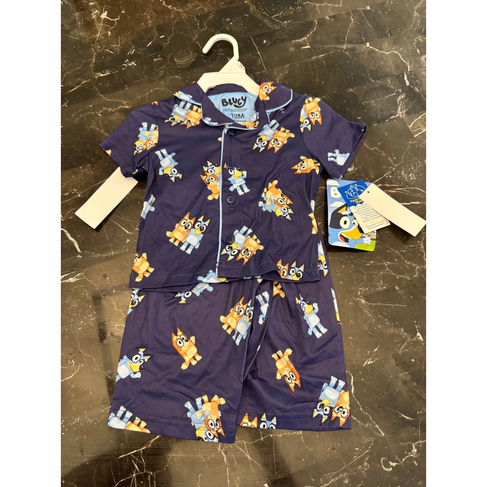12 mth Bluey Bingo Toddler Boys 2 Piece Pajama Set Navy Blue Short Sleeve NWT